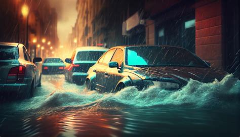 Premium Ai Image Flooded Cars On Street After Heavy Rain Disaster