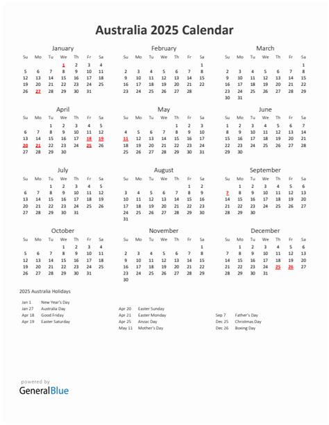 2025 Australia Calendar With Holidays
