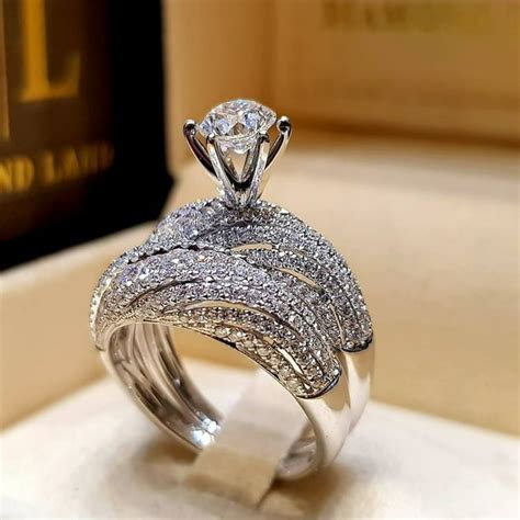 Onlyshe 925 Sterling Silver Natural Diamond Bridal Wedding Engagement Rings Set