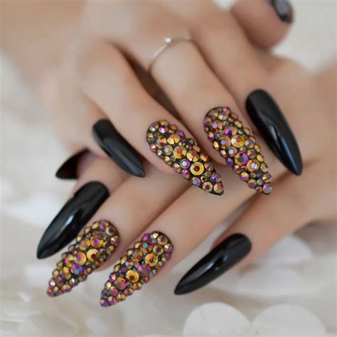 Glamour Rhinestone Extra Long Fake Nails Black Gel Uv Press On Nails