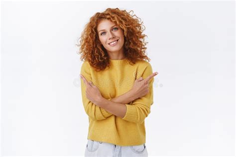 Tender Lovely Caucasian Redhead Curly Girl In Yellow Sweater Cross Arms Over Chest And