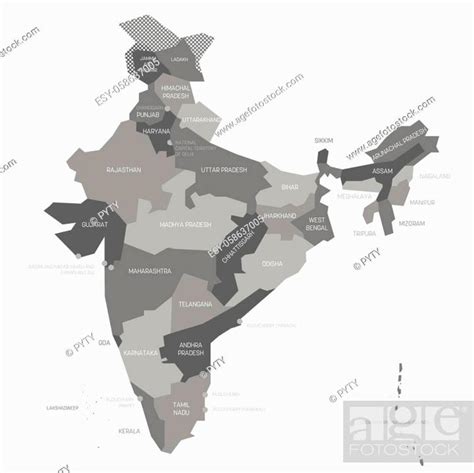 Gray Political Map Of India Administrative Divisions States And Union Territories Stock