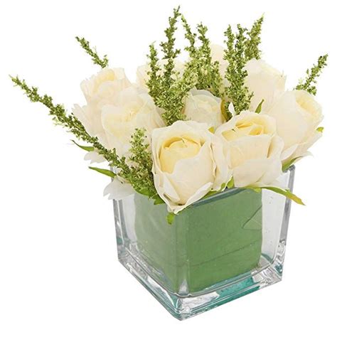 MyGift Artificial Ivory Roses In Square Glass Vase Faux Flower