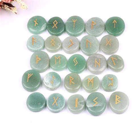 Natural Engraved Chakra Green Aventurine Jade Rune Stones Set Gemstones Craft Feng Shui