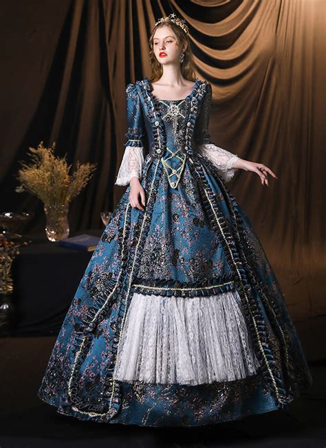 High End Blue Floral Queen Marie Antoinette Dress Medieval Renaissance