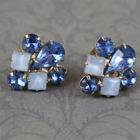 Vintage Light Blue Rhinestone And Pale Blue Moonstone Screw Etsy