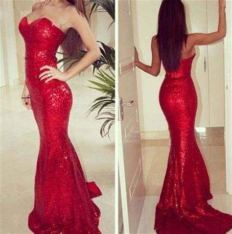 red strapless sweetheart neckline sheath sequin mermaid prom dress vampal dresses