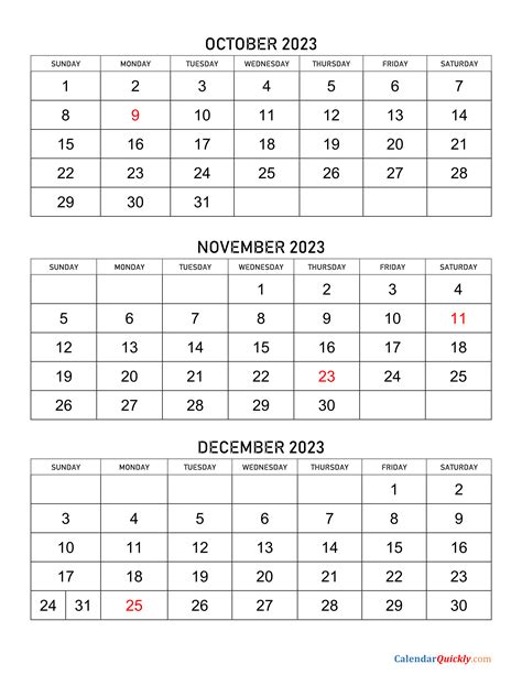 October November December 2023 Calendar Printable Federal Holidays