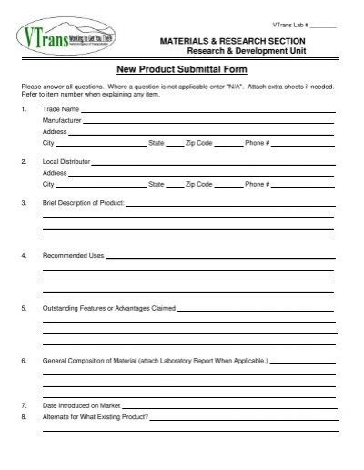 New Product Submittal Form Vermont Aot Program Development