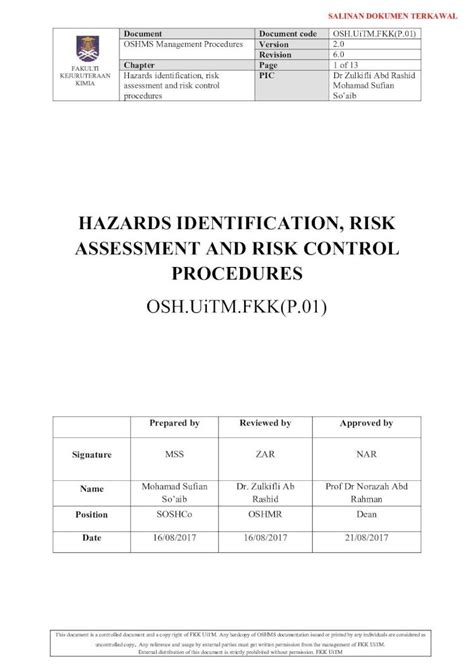 Pdf Hazards Identification Risk Assessment Hirarc Procedure