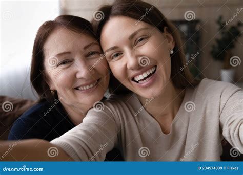 Head Shot Portrait Happy Woman With Mature Mother Taking Selfie Stock Image Image Of Person