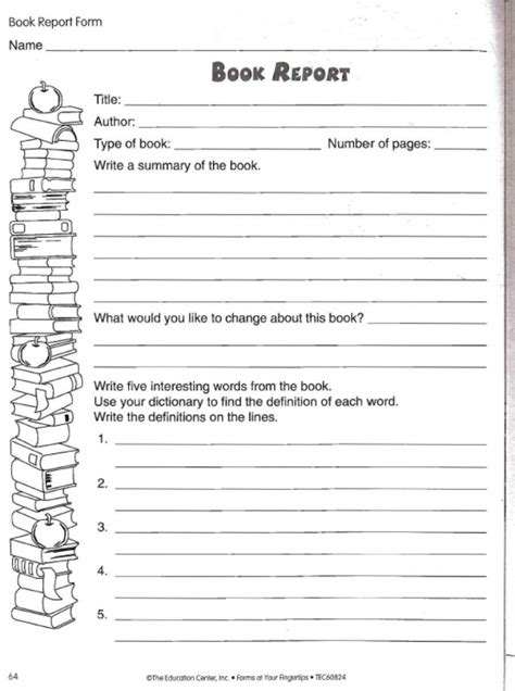 6th Grade Book Report Form ~ Addictionary