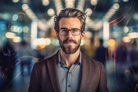 Premium Ai Image A Man With Glasses Stands In Front Of A Building