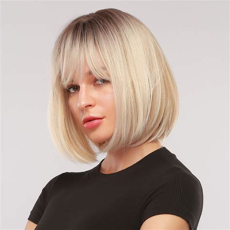 Platinum Blonde With Dark Brown Roots Chin Length Straight Bobs Style Synthetic Wig With Bangs