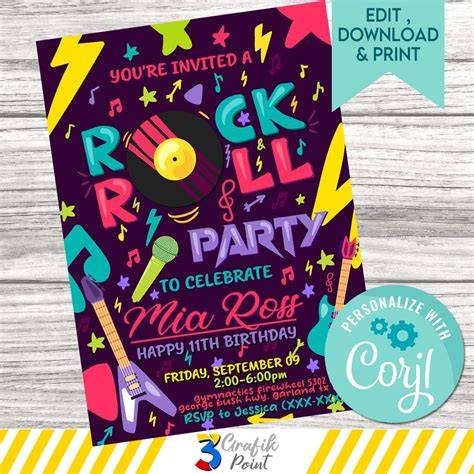 Editable Template Rock And Roll Party Invitation Rock N Roll Invitation