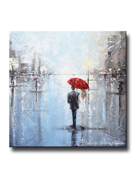 Original Art Abstract Painting Couple Red Umbrella Girl Contemporary Art By Christine