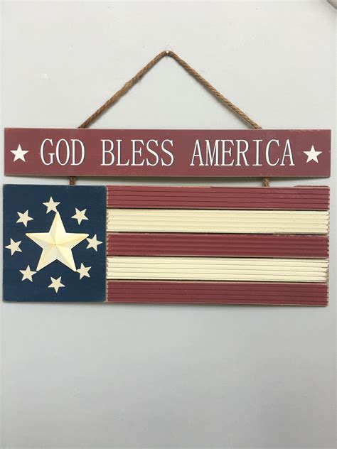Patriotic God Bless America Americana Flag With Metal Star Sign God