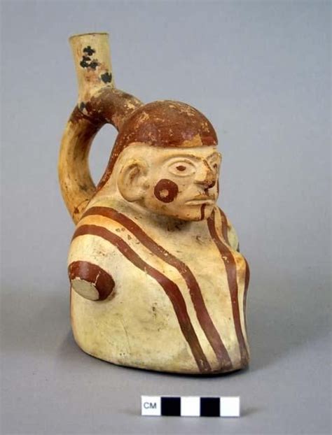 Ceramic Human Effigy Stirrup Spout Vessel With Flat Base Molded In The