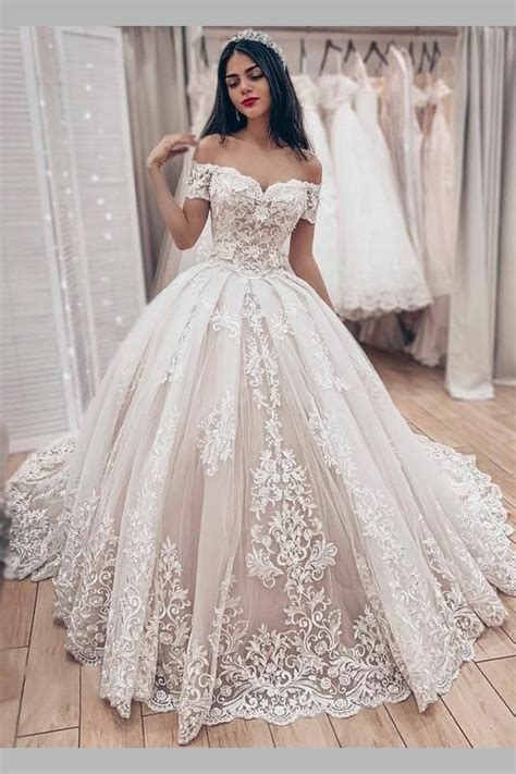 Lavish Lace Wedding Ball Gown Dress With Off The Shoulder Sleeves