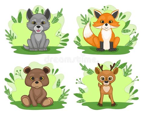 Cute Forest Animals On A White Background Set Of Cartoon Woodland