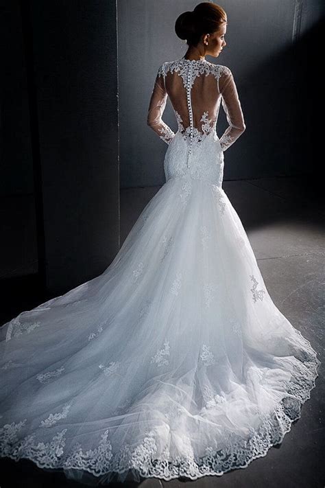 Stunning Lace Wedding Dresslong Sleeves Wedding Dresssheer Back Wedding Dressmermaid Style