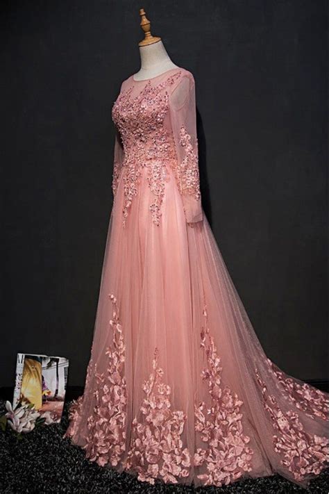 Beautiful Pink Long Sleeve Prom Dress With Lace Petals 129 Mqd17012