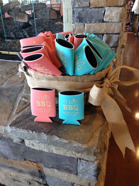 Think about the backyard as an extension of your home. I Do BBQ custom koozies in burlap bucket | Bbq wedding reception, Backyard bbq wedding reception ...