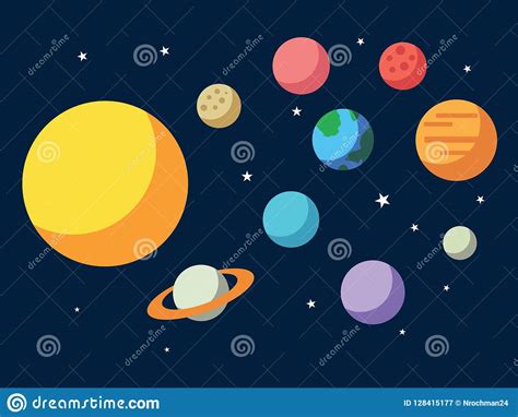 Vector Illustration Of Solar System All Planets Sun Mercury Venus Moon Earth Mars In The Sky