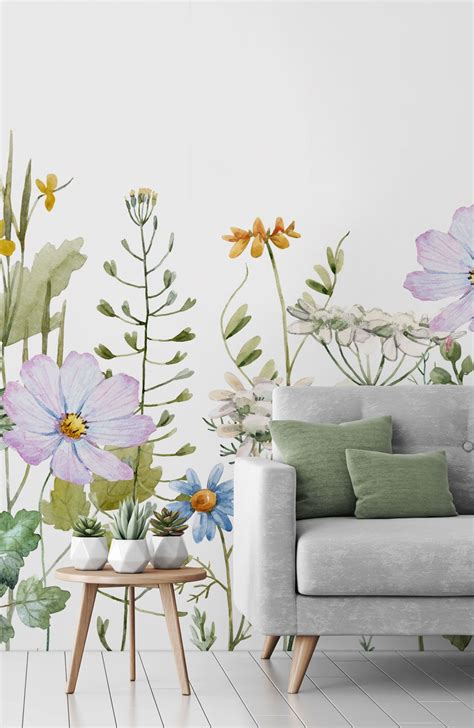 Delicate Floral Meadow Wallpaper Wallsauce Uk Wall Painting Flowers