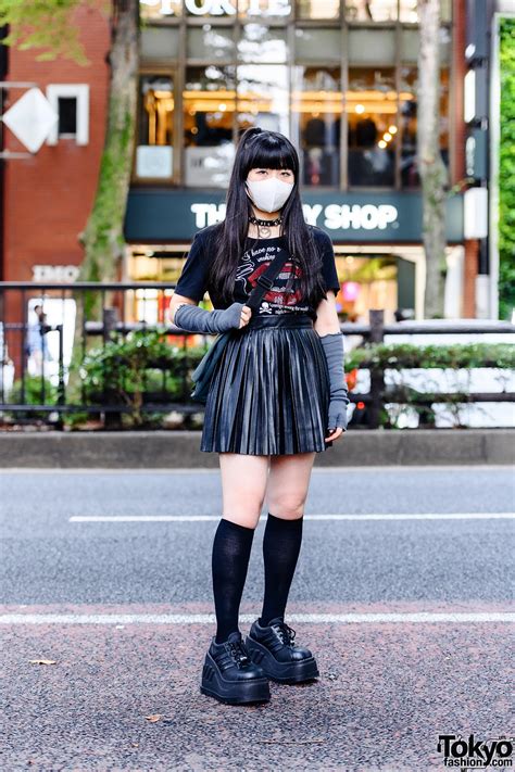 Edgy Modern Harajuku Street Style W Kinji Graphic Tee Agijagi Mini Skirt Demonia Platform