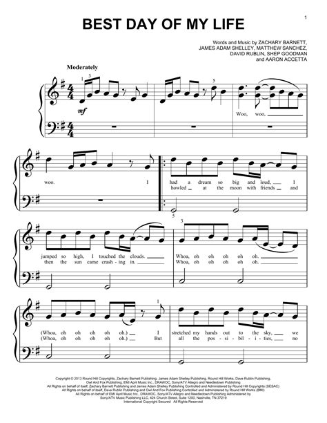 Best Day Of My Life Sheet Music American Authors Big Note Piano