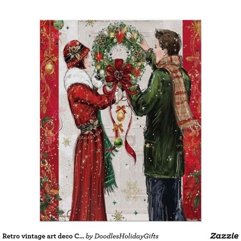 Retro Vintage Art Deco Christmas Couple Poster Zazzle Christmas