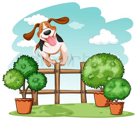 Dog Jumping Over The Wooden Fence On A Stock Vector Colourbox