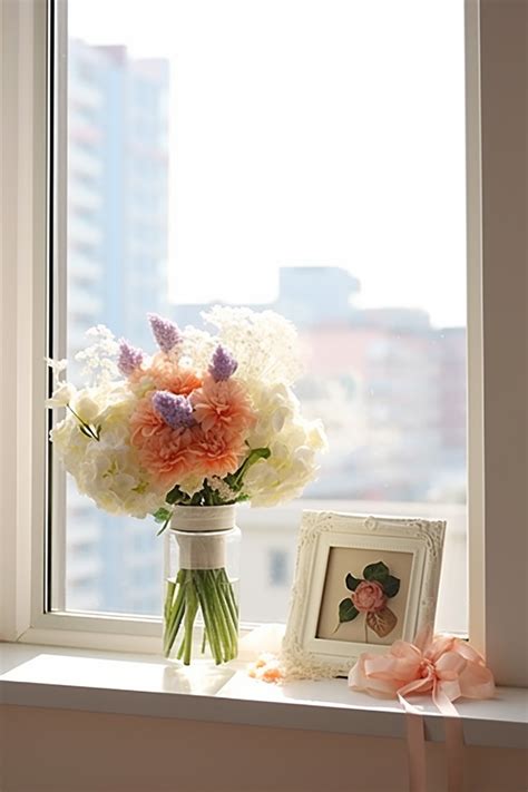 Bouquet On The Window Sill Photo And Frame Background Wallpaper Image