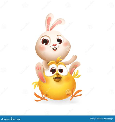 Cute Baby Bunny And Chicken Playing And Having Fun Isolated On White