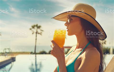 Side Profile View Face Attractive Woman Wear Straw Hat Hold Glass Drinks Natural Orange Juice