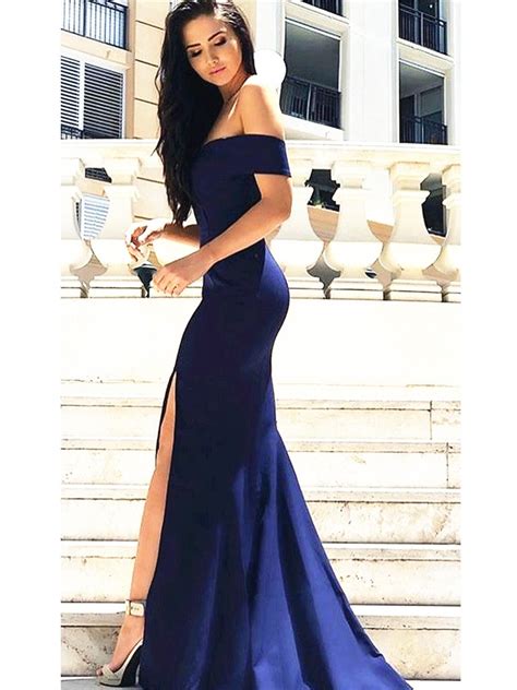 custom made off shoulder navy blue prom dress with slit navy blue formal dress dark blue