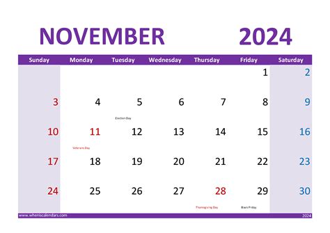 Download Print November 2024 Calendar A4 Horizontal 114025