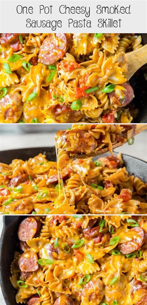 Stir sausage, tomatoes and reserved juice, onion, cheddar cheese, monterey jack cheese, 2 teaspoons olive oil, parsley, onion powder, garlic powder, salt, and ground black pepper together in a large bowl. One Pot Cheesy Smoked Sausage Pasta Skillet in 2020 ...