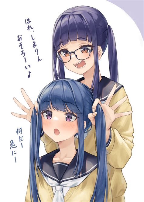 safebooru 2girls d o absurdres banana oekaki blue hair brown eyes glasses highres long hair