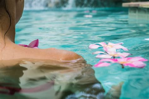 Vrouw In Een Zwembad Tropische Bloemen Frangipani Plumeria Leelawadee Die In Het Water Drijft