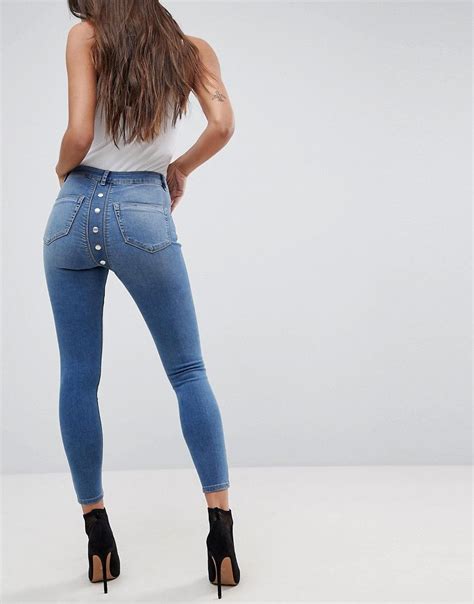 Asos Ridley High Waist Skinny Jeans With Popper Back Detail In Vintage Women Jeans Skinny