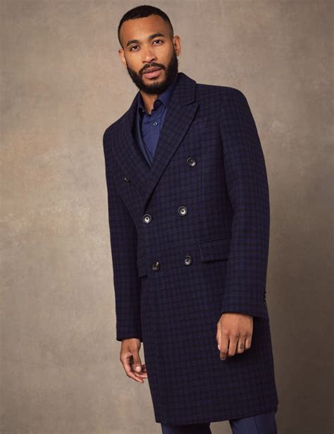 Mens Italian Blue Double Breasted Check Wool Coat 1913