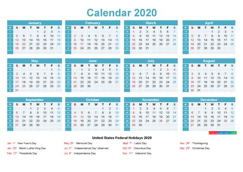2020 Calendar With School Holidays Printable
