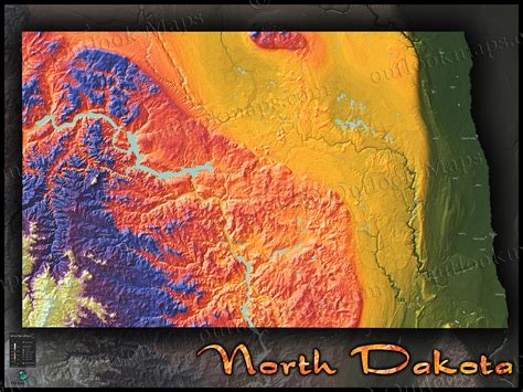 North Dakota Map Colorful Topography Of Physical Features