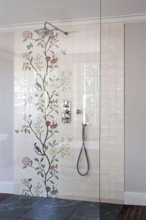 This Floral Tile Shower Wall Mural And Slate Floor Make This Open Walk