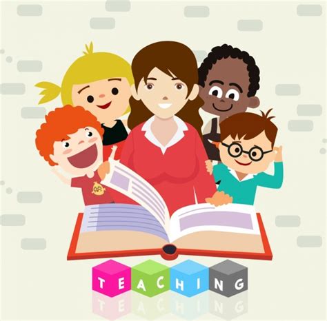 Education Background Female Teacher Pupils Open Book Icons Vectors