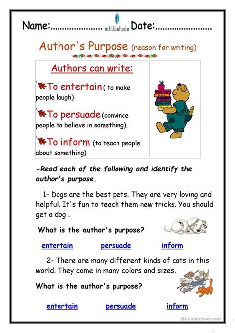 Often categorized as a children's novel, it is a fable partly about life. Author's Purpose worksheet - Free ESL printable worksheets ...