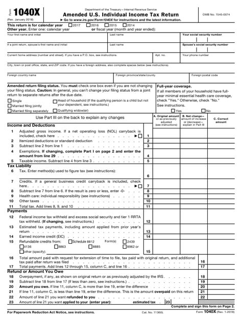 Irs Form 1040x Download Fillable Pdf Amended Us Individual Income
