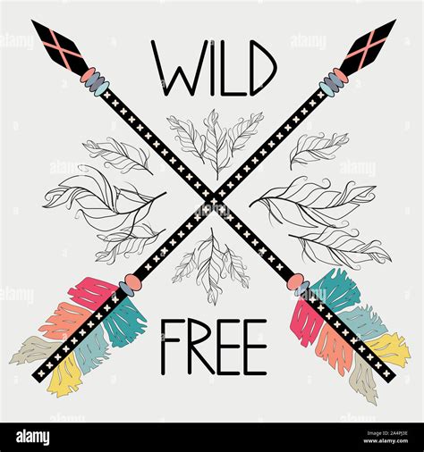 Beautiful Hand Drawn Illustration With Crossed Ethnic Arrows Feathers Boho And Hippie Style